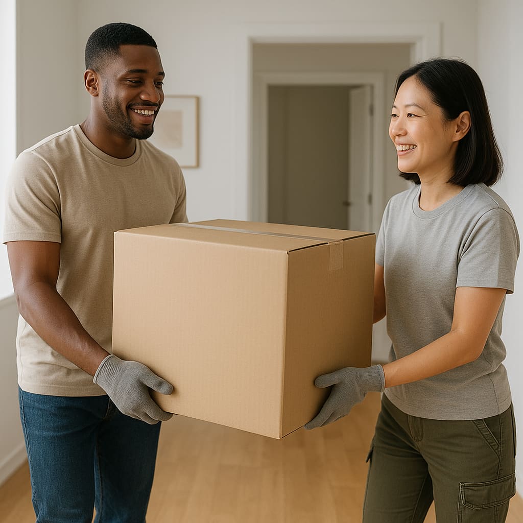 Zwei Umzugshelfer tragen einen Karton in einem hellen Wohnungsflur