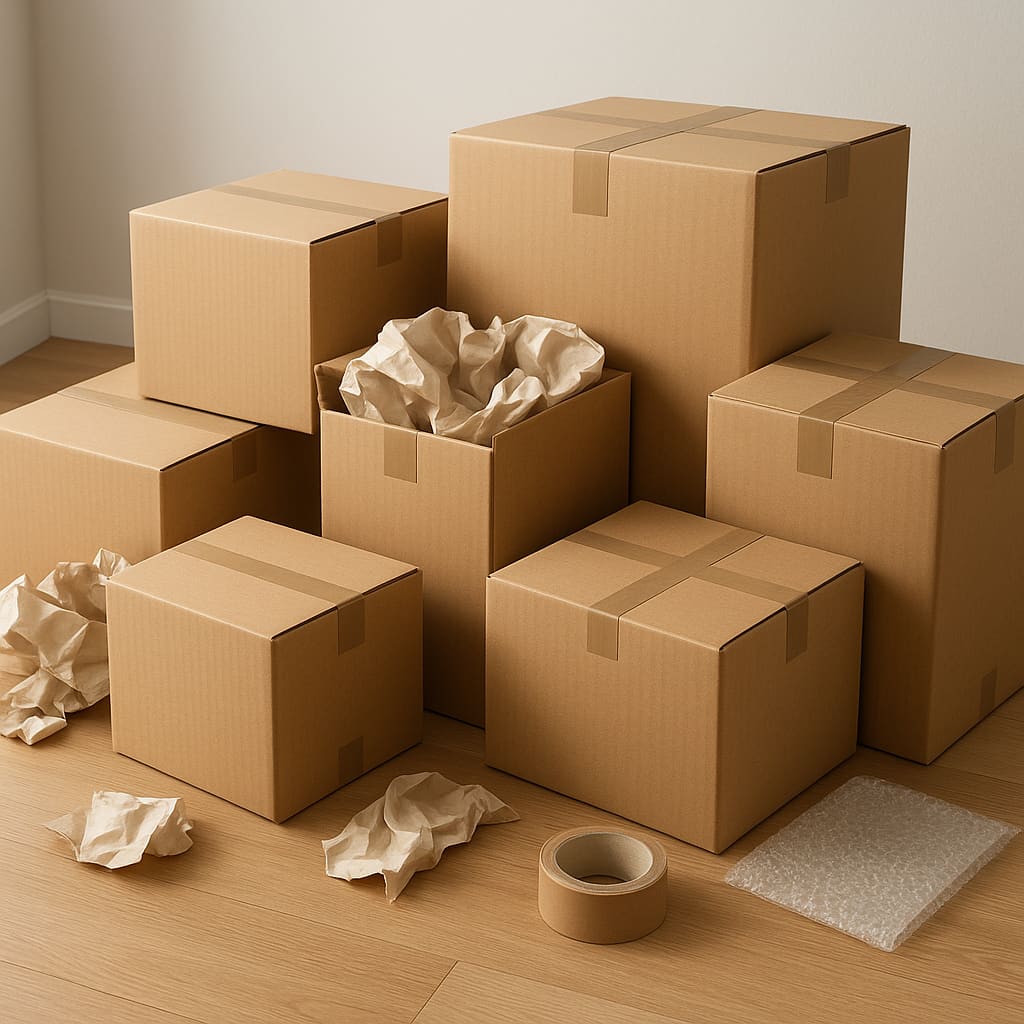 Geordnet verpackte Umzugskartons mit Verpackungsmaterial in einem aufgeräumten Raum